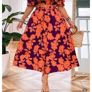 Shein Curve 1x‎ Floral Print Skirt Orange Purple Maxi Long Flowy Bright